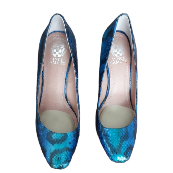 Vince Camuto Korsi Blue & Black Glossy Snakeskin Stiletto Platform Pumps sz 8B - Picture 3 of 10
